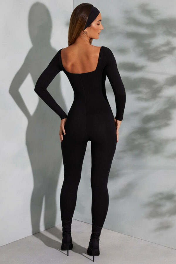 Square Neck Long Sleeve Jumpsuit in Black